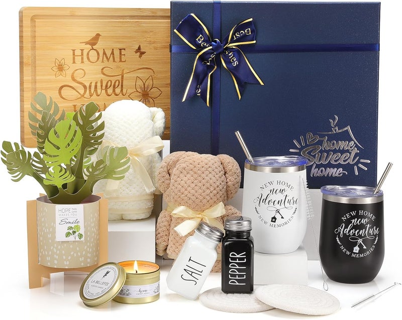 Grajar House Warming Gifts New Home, 12 Pcs Housewarming Gifts Basket for New House with Gift Box Packaging, 3D Botanical Greeting Card, Cutting Board for Couple, Closing Gifts for Home Buyers - Image 1